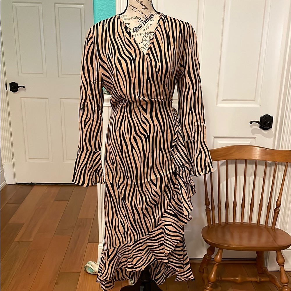 Elegant Beige Zebra Print Wrap Dress - Picture 1 of 4
